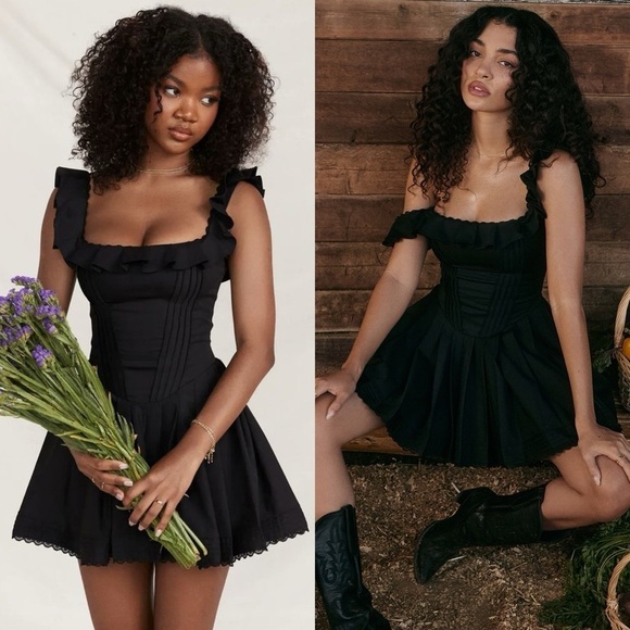 NEW! House of CB- Jemima Black Pin Tuck Pleated Mini Dress Size Large Ruffles - Picture 1 of 10